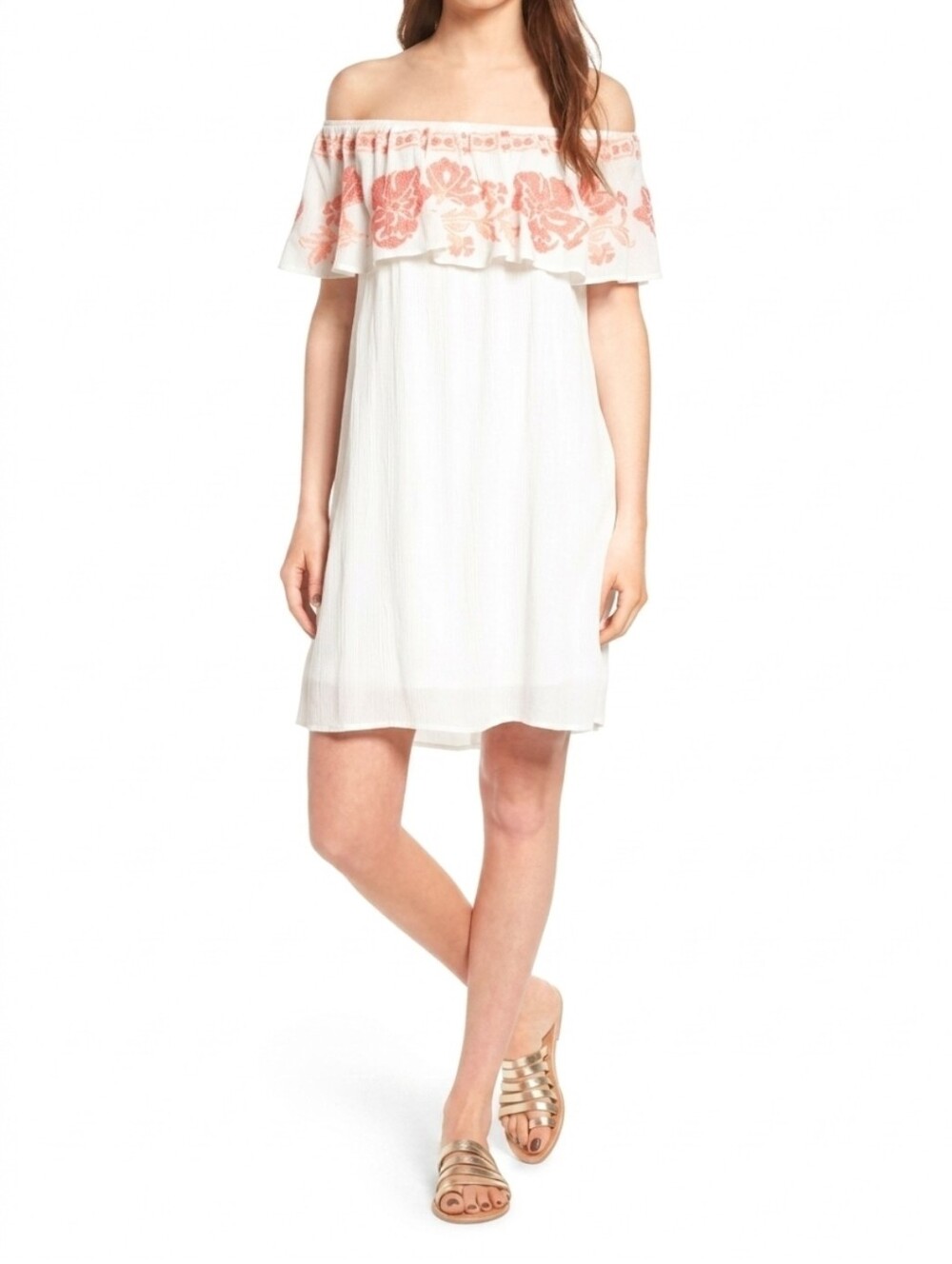 Sun & Shadow Embroidered Off-The-Shoulder Ruffle Mini Dress White &Coral Size XS